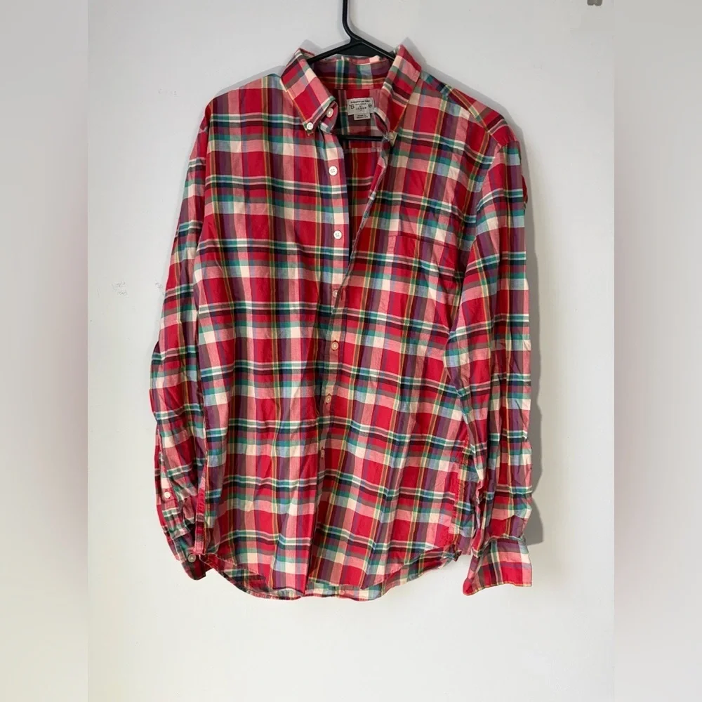 J. Crew Summer Plaid Cotton Button Down Shirt Casual Red Green Size M
